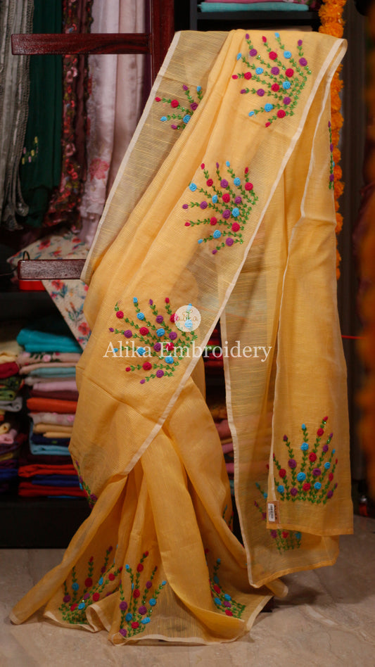 Elegant Striped Yellow Shaded Silky Kota Saree with Multicolor Floral Bullion Work