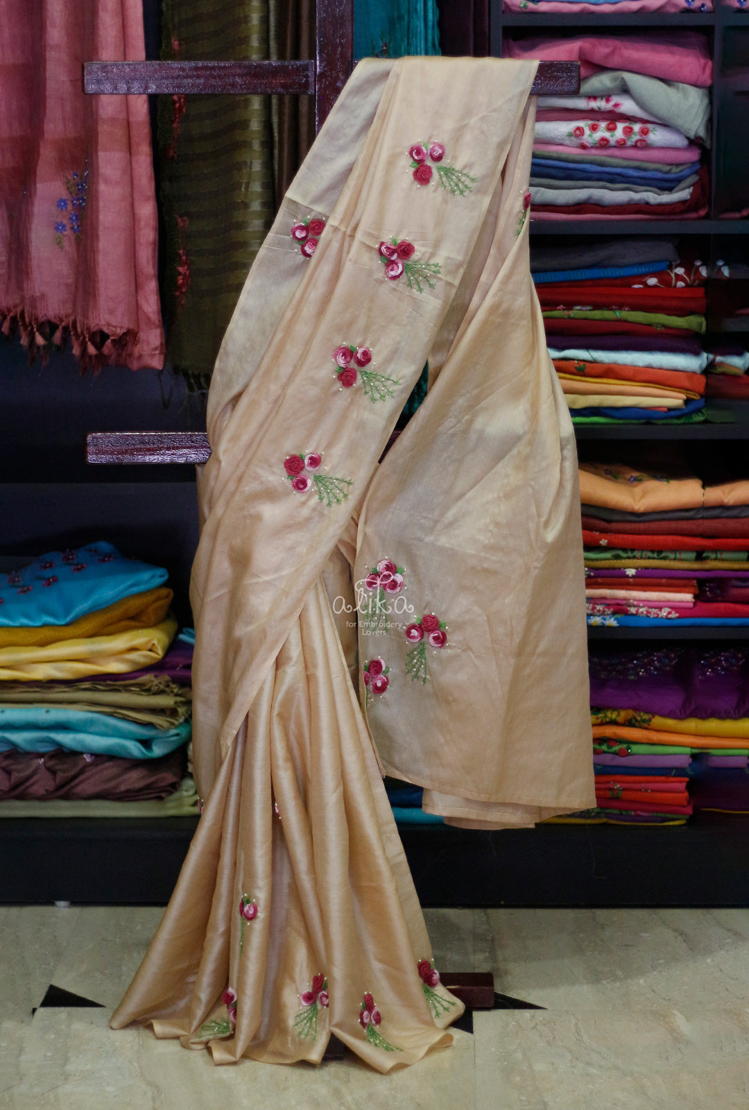 BEIGE  tussar silk saree with caston embroidery
