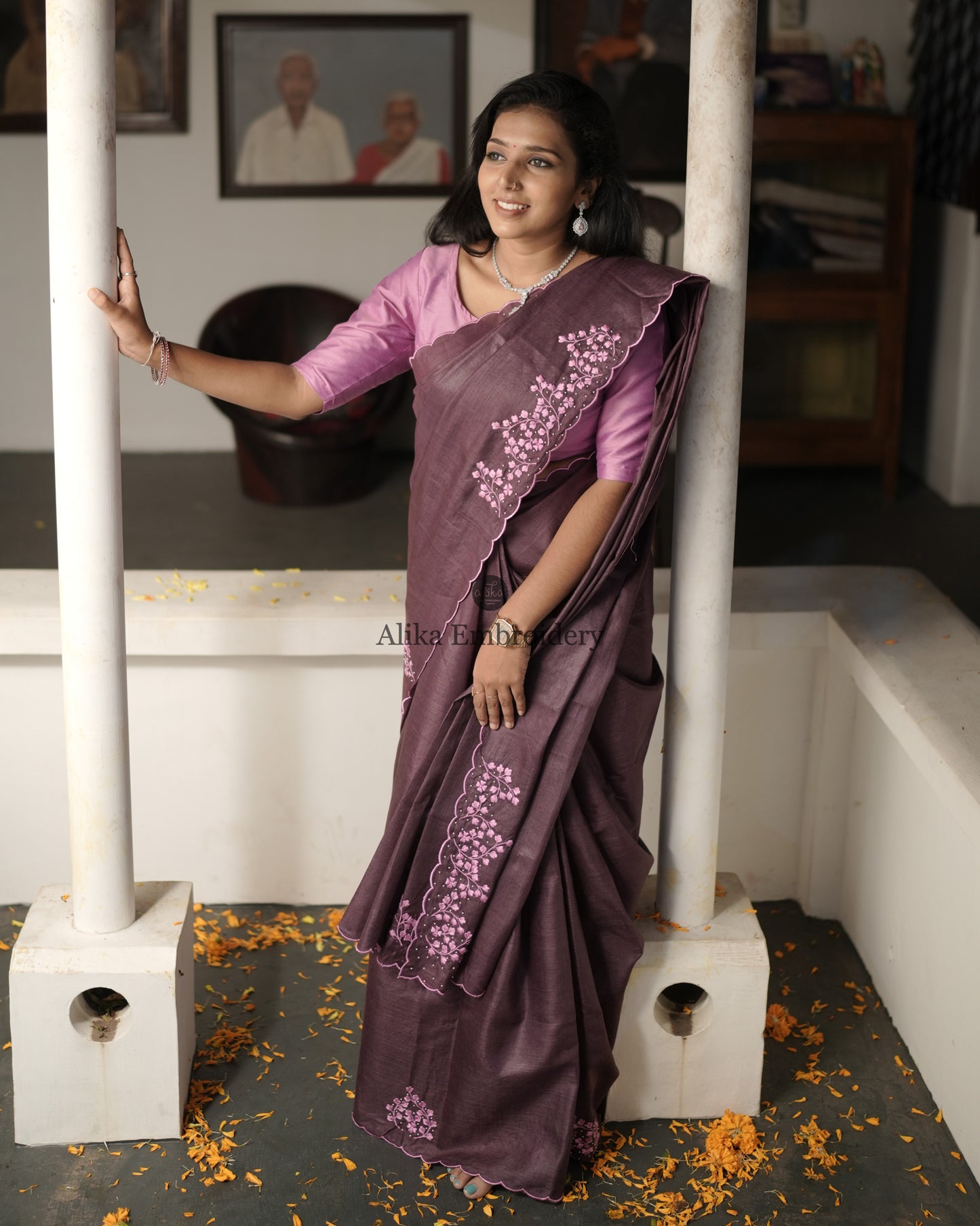 Elegant Purple Tussar Silk Saree with Scattered Embroidery