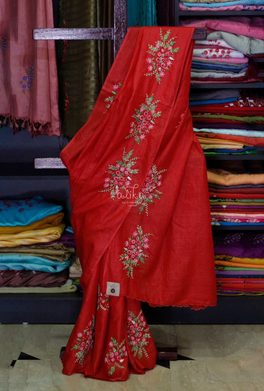 Red Tussar Silk Saree with Bullion Work