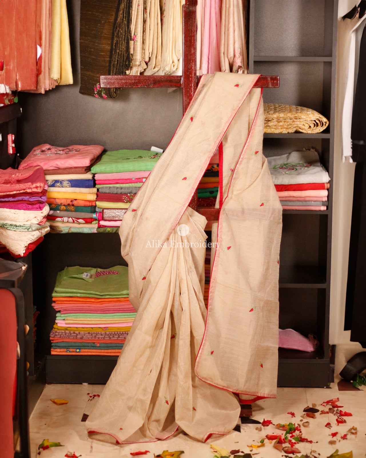 Sophisticated Stripes: Beige Shaded Striped Silky Kota Saree with Rose Bud Cross Stitch