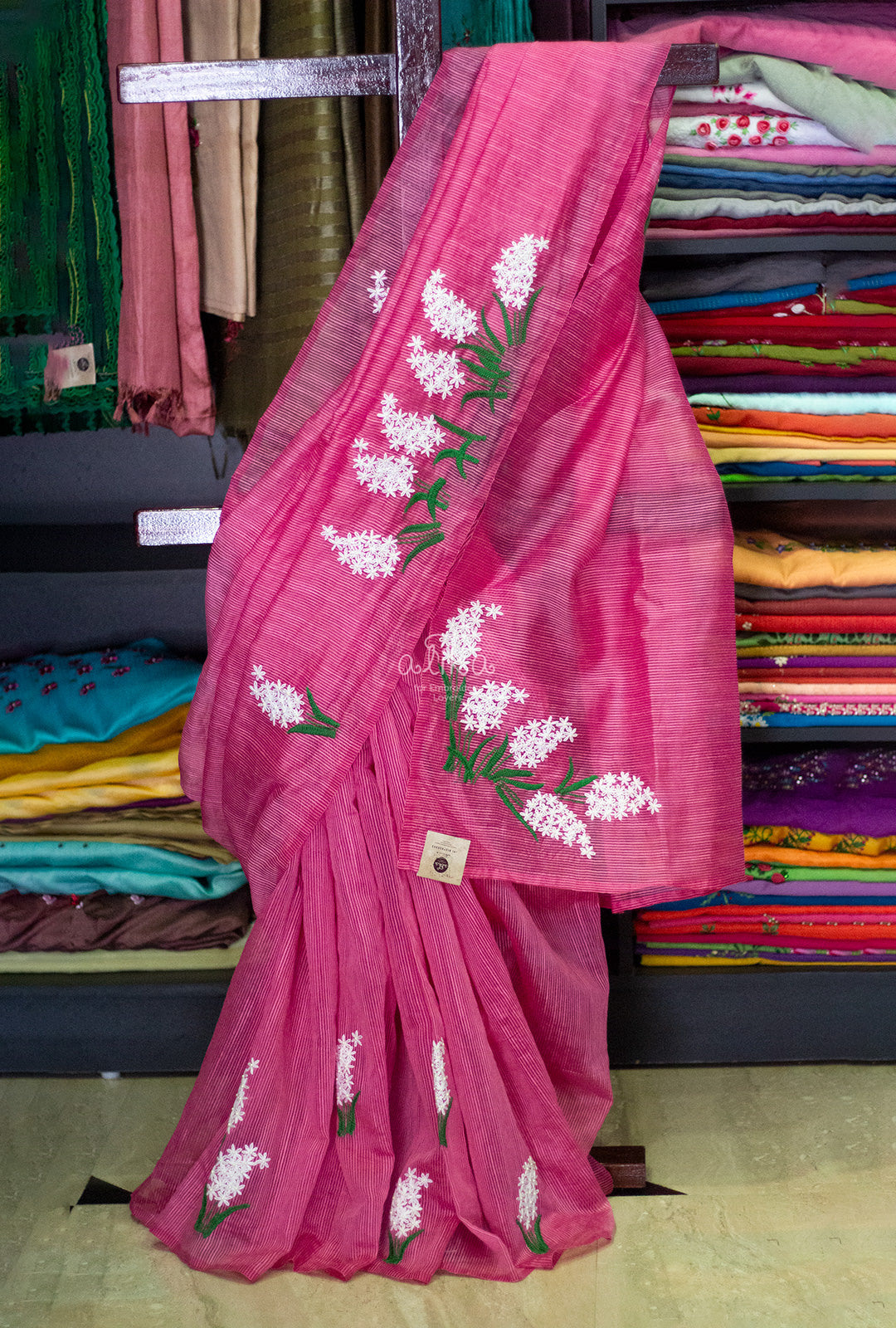 PINK  STRIPED KOTA SAREE  WITH WHITE LAZY DAISY FLORAL WORK