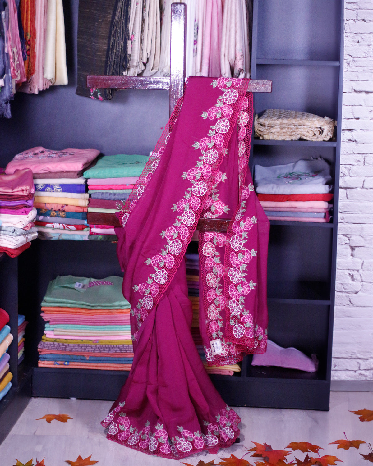 DARK PINK ORGANZA SAREE WITH FULL BORDER CUTWORK  AND FLORAL  EMBROIDERY