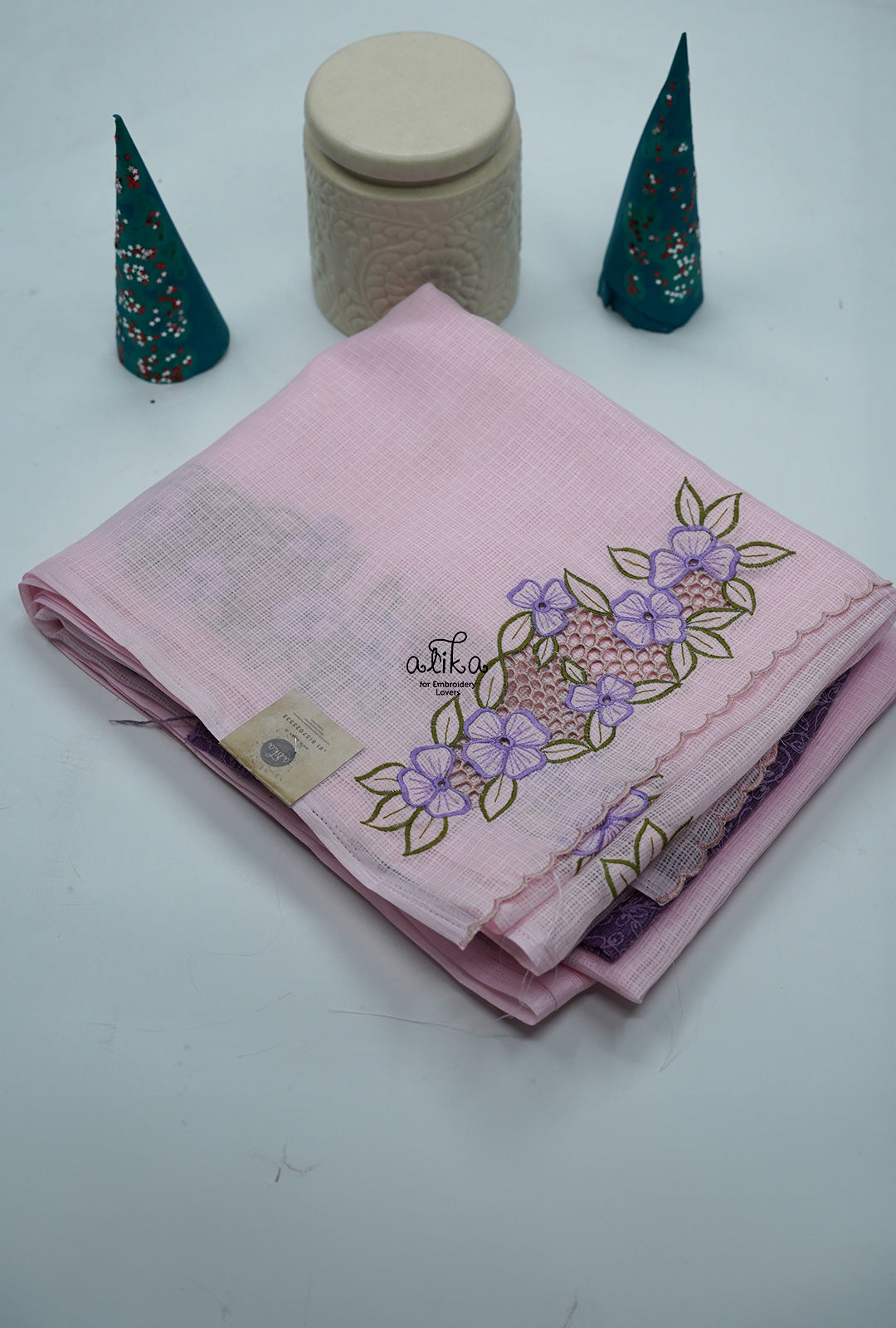 PINK CHECKED SILKY KOTA SAREE WITH CUTWORK  AND MACHINE  EMBROIDERY