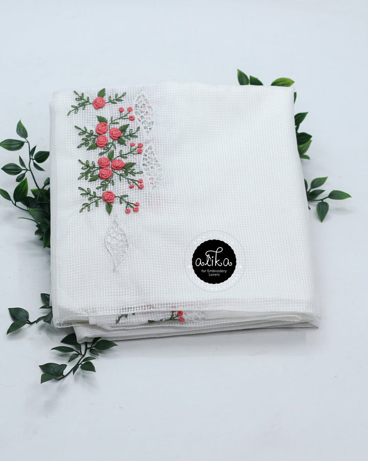 White Semi Silk Saree with Peach Bullion Work &amp; Small