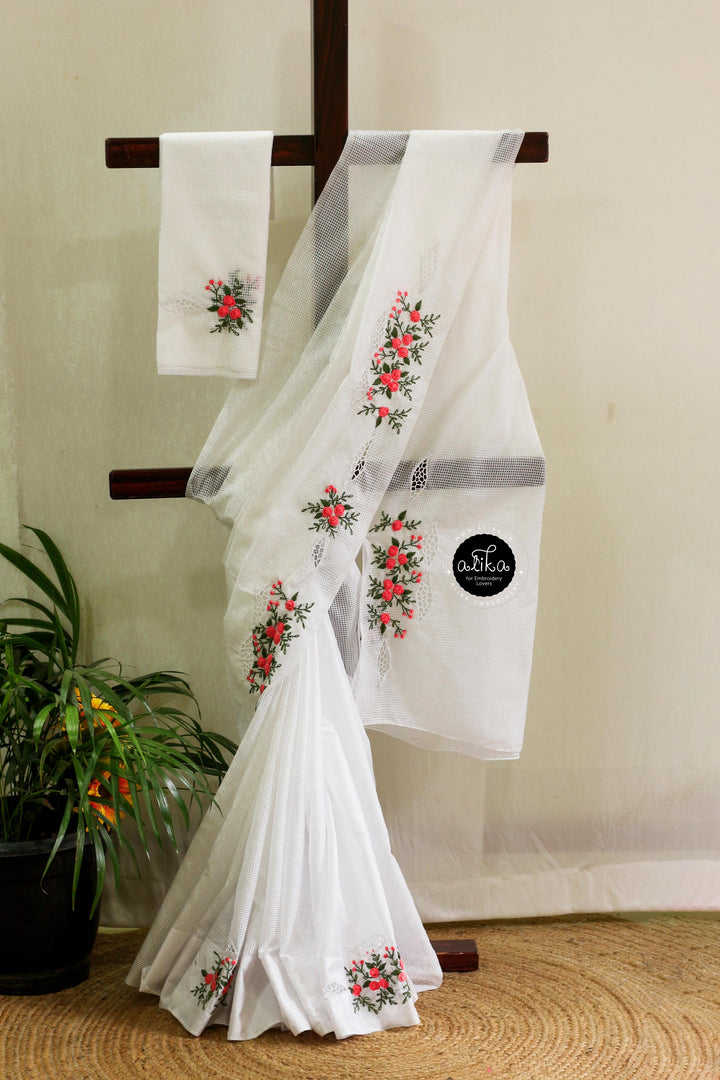 White Semi Silk Saree with Peach Bullion Work &amp; Small