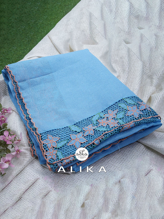 BLUE JUTE NET SAREE  WITH MACHINE CUTWORK AND  FLORAL EMBROIDERY