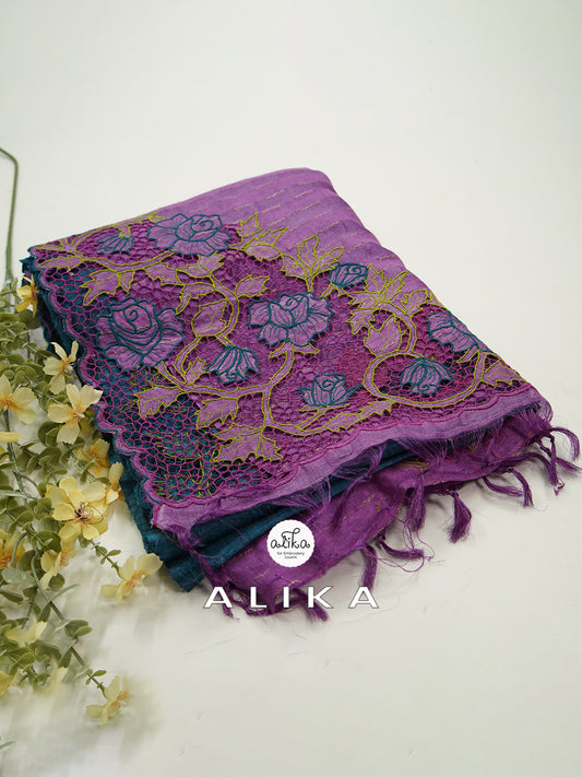 BLUE AND PURPLE Multi-Colored TUSSAR SILK Saree with TWINE Cutwork