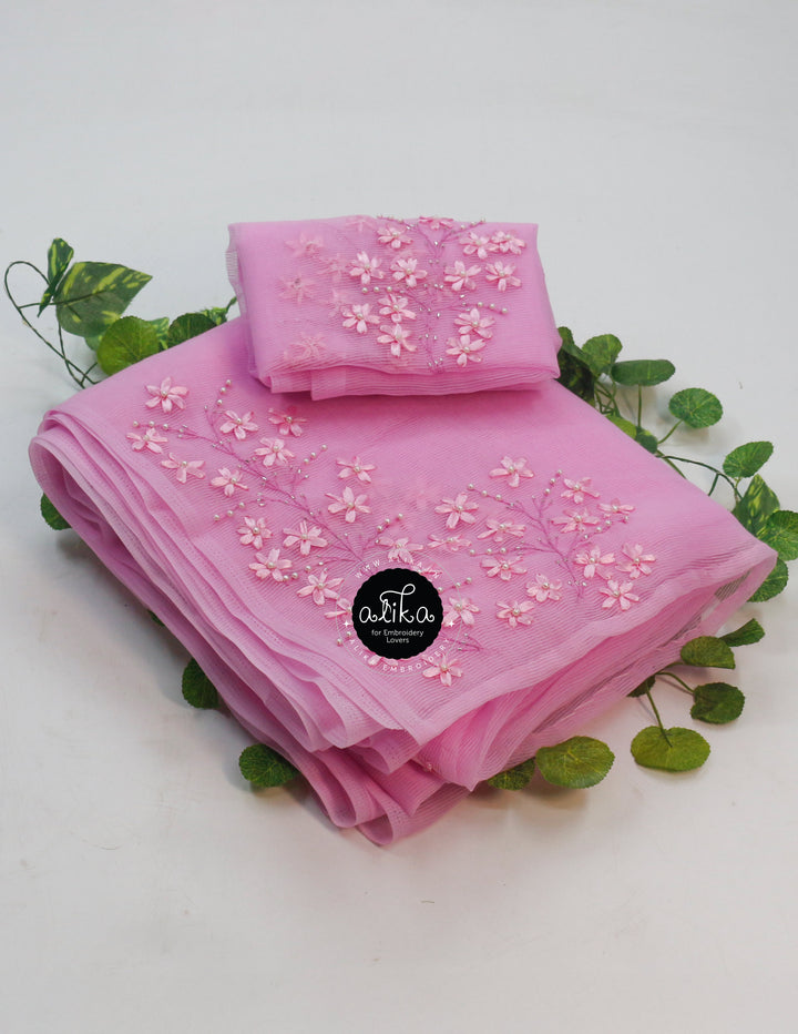 Pink Kota Saree with Self-Shade Ribbon Work Embroidery