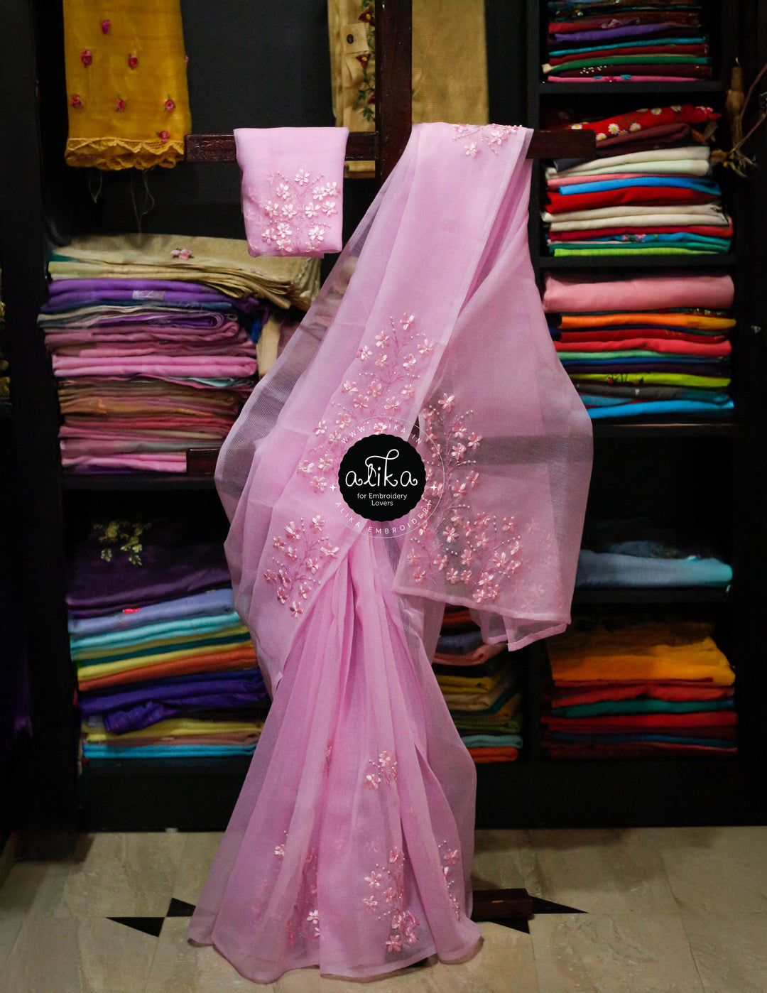 Pink Kota Saree with Self-Shade Ribbon Work Embroidery