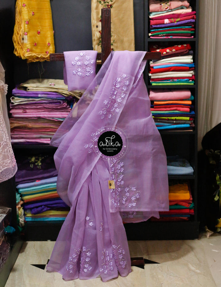 LAVENDER Kota Saree with Self-Shade Ribbon Work Embroidery - Elegance Redefined