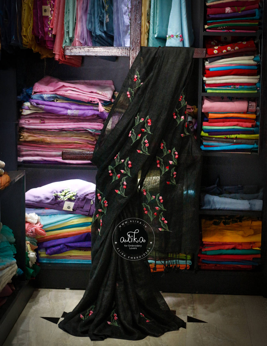 Chic Black Linen Saree with Pink &amp; Off-White Handwork