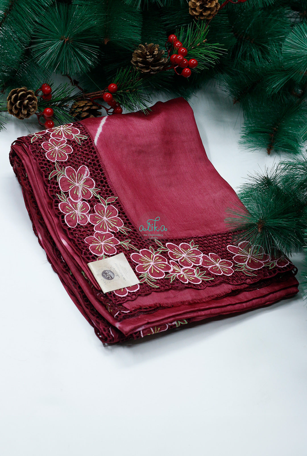 Timeless Elegance: Red Tussar Silk Saree with Full Border Cutwork and Floral Machine Embroidery