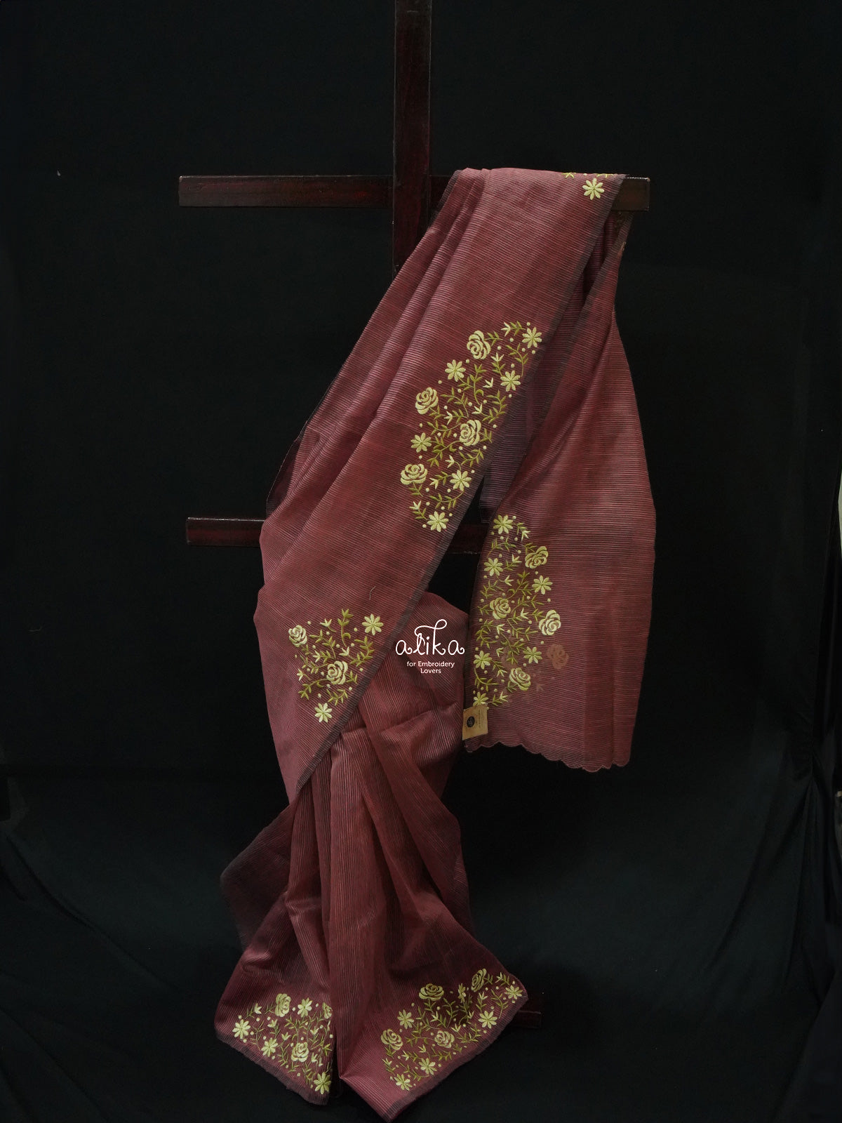 BRICK RED STRIPED KOTA SAREE WITH FLORAL MACHINE EMBROIDERY