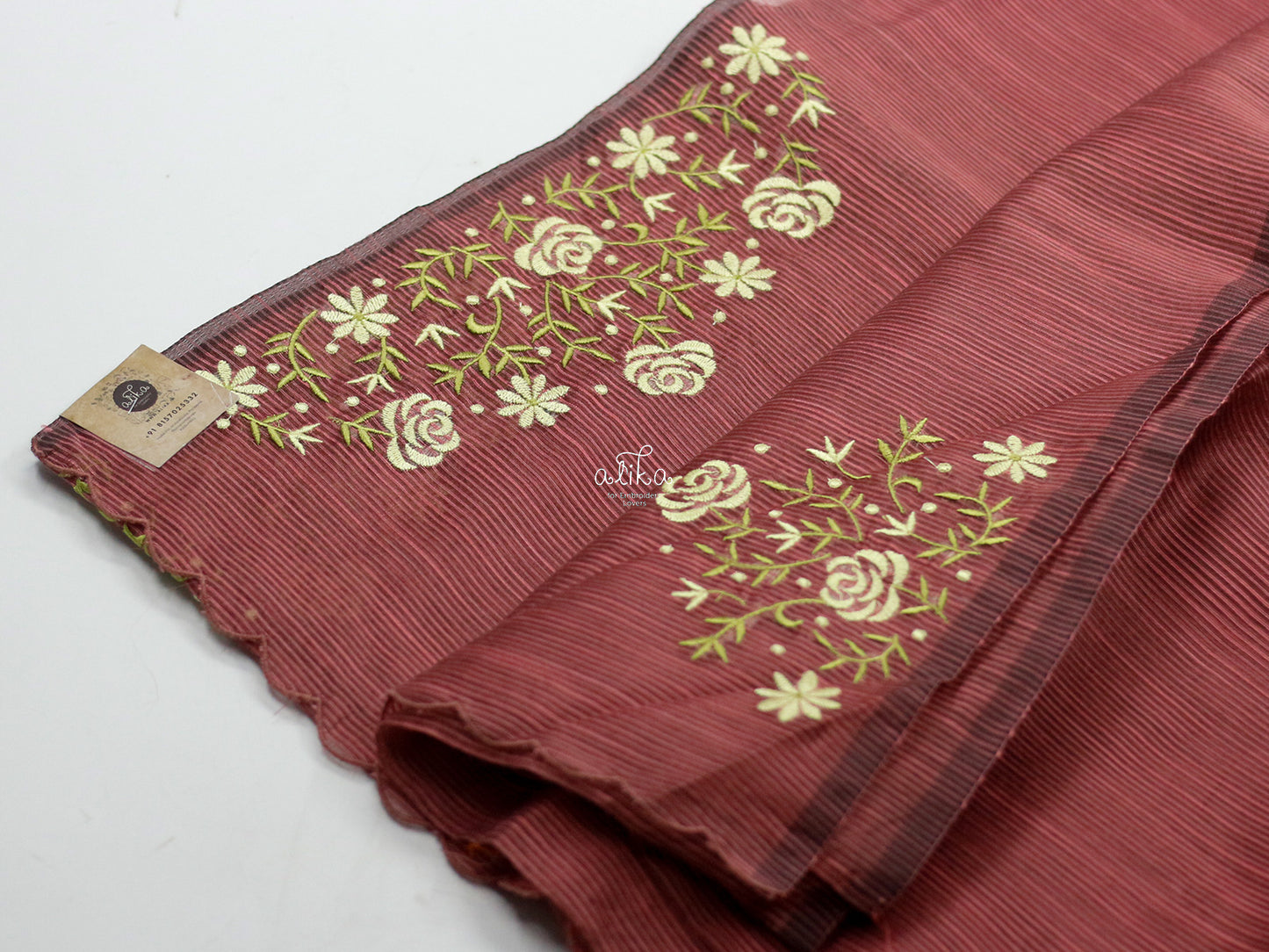 BRICK RED STRIPED KOTA SAREE WITH FLORAL MACHINE EMBROIDERY