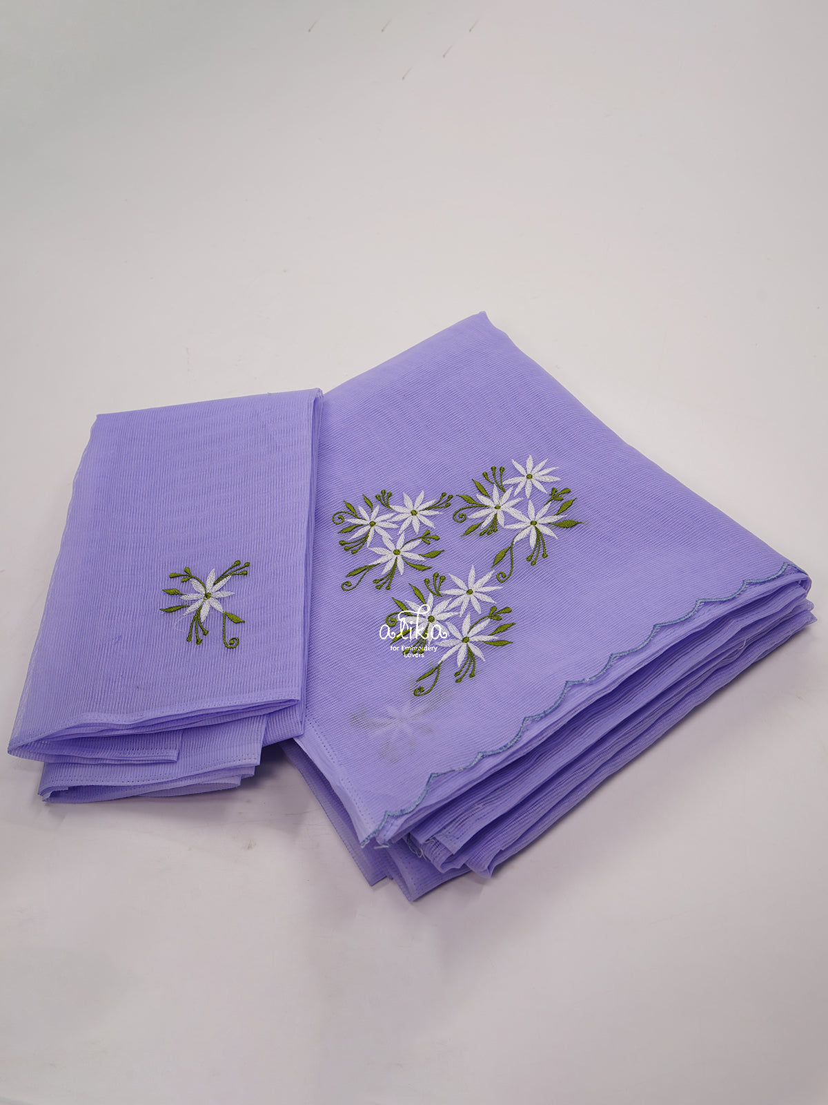 LAVENDER KOTA SAREE WITH WHITE FLORAL MACHINE EMBROIDERY