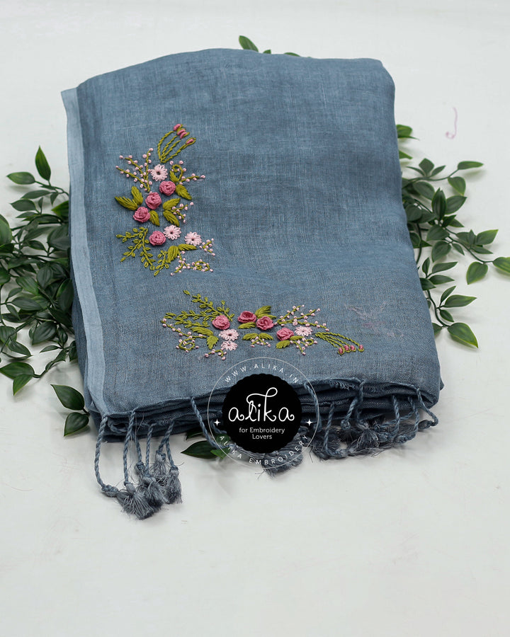 Faded Ash Linen Saree with Intricate Handcrafted Detailing