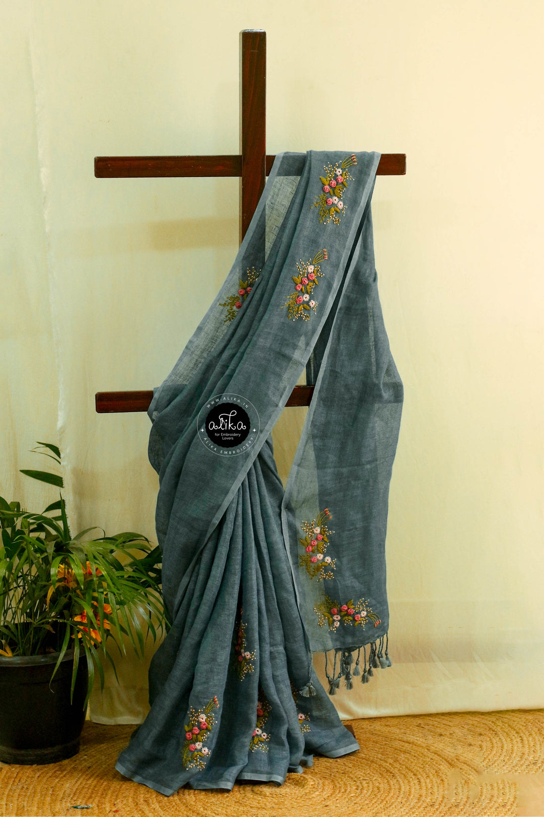 Faded Ash Linen Saree with Intricate Handcrafted Detailing