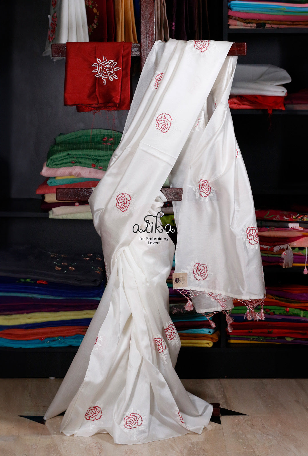 Graceful Appeal: Soft Silk White Saree with Red and White Cross Stitch