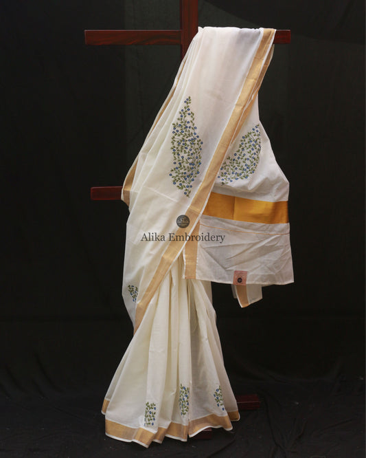 Kerala Onam Saree with Exquisite Floral Embroidery