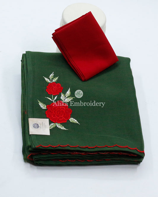 Radiant Green Silky Kota Saree with Red Machine Embroidery | Timeless Elegance