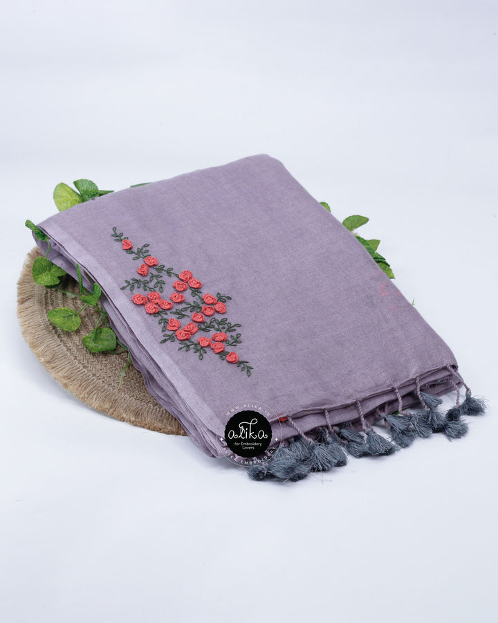 Pastel Lilac Pure Linen Saree with Floral Hand Embroidery - Soft &amp;  Elegant - 6.5 meters - Alika Fashion Store