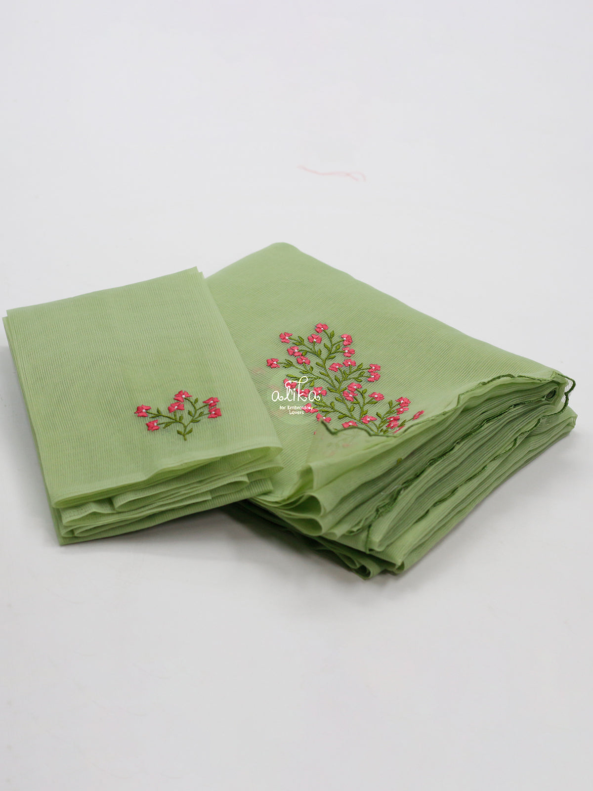 GREEN KOTA SAREE WITH FLORAL MACHINE EMBROIDERY