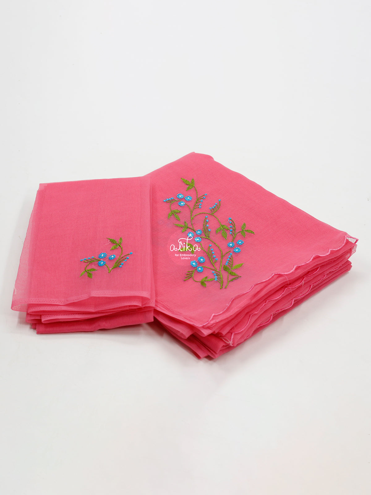Pink Kota Saree With  blue Floral Embroidery