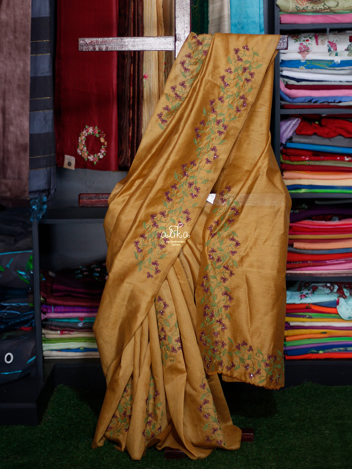 MUSTERED SEMI SILK SAREE WITH MACHINE EMBROIDERY