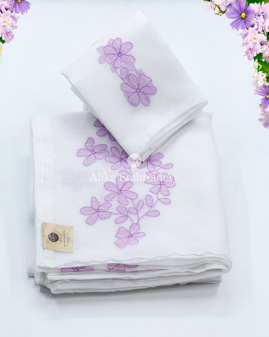 Elegant White Silky Kota Saree with Lavender Shadow Work | Sublime Sophistication
