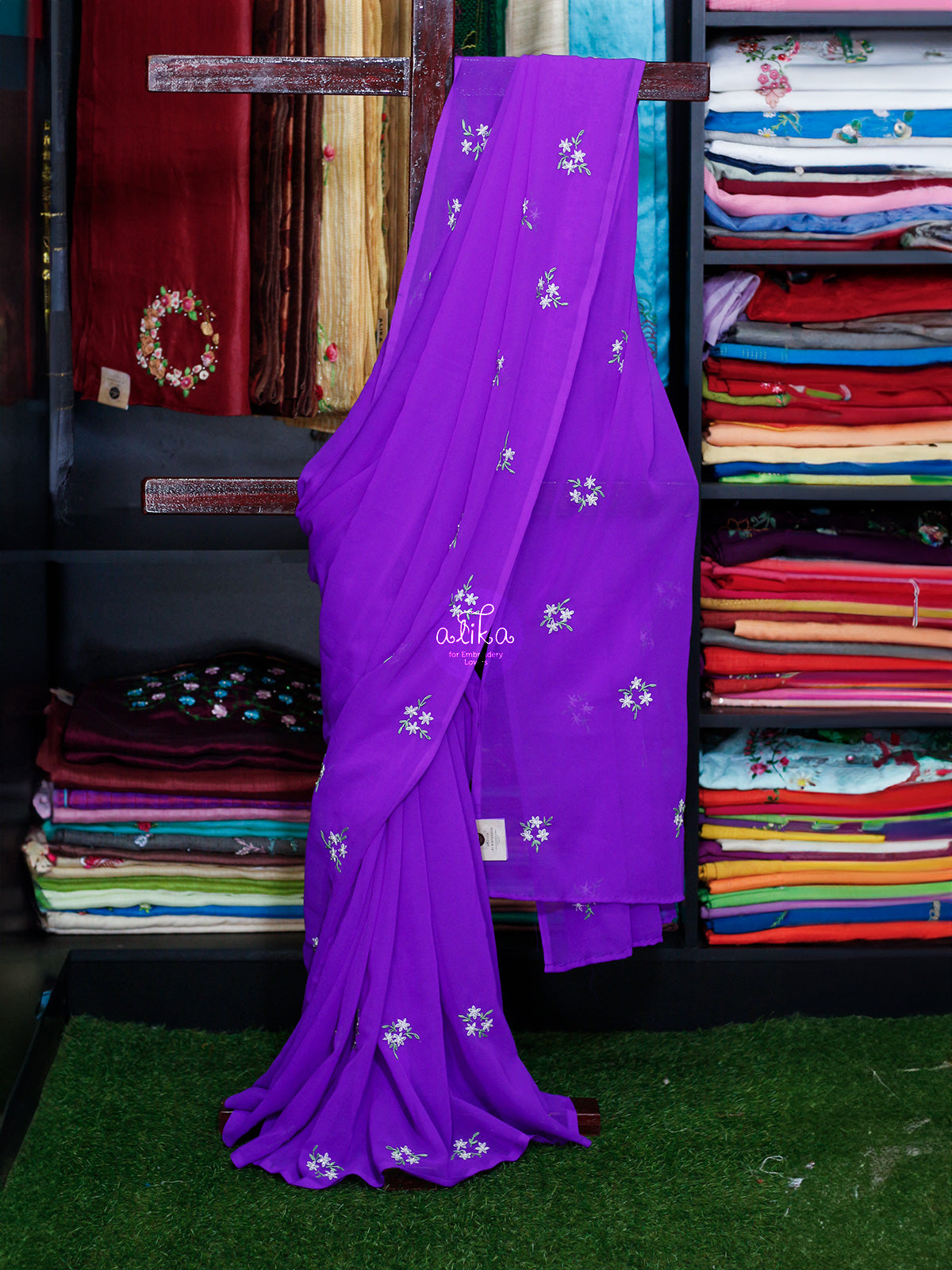 VIOLET ORGANZA SAREE WITH LAZY DAISY HAND EMBROIDERY AND BEAD WORK
