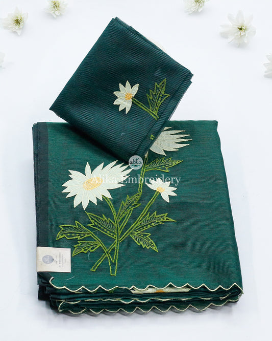 Vibrant Green Silky Kota Saree with Light Yellow Sunflower Embroidery | Blooming Elegance