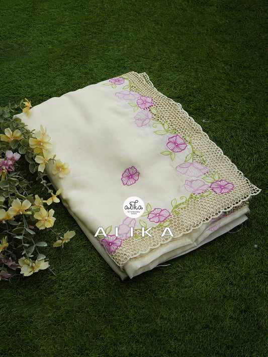 cream Semi Silk Saree with machine Cutwork Design and Floral Embroidery