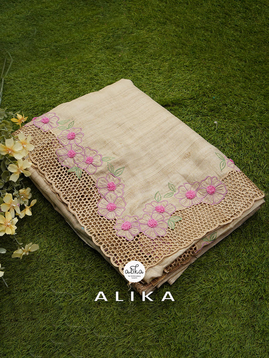 BEIGE TUSSAR SILK SAREE WITH FULL BORDER CUTWORK AND MACHINE EMBROIDERY