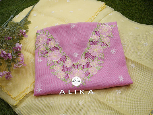 pink tepchi kota  salwar top with machine cutwork and LIGHT yellow floral machine embroidery  along with yellow tepchi kota dupatta