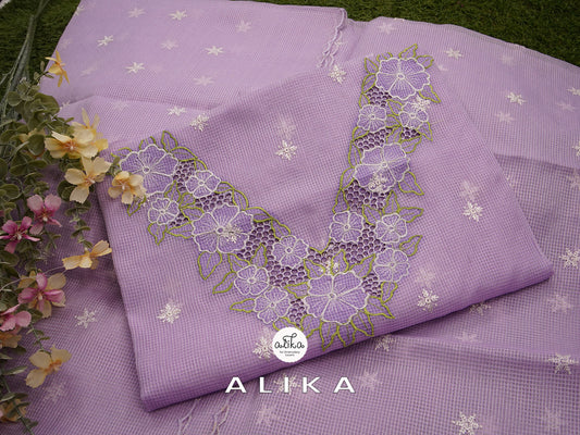 LAVENDER tepchi kota  salwar top with machine cutwork and WHITE floral machine embroidery  along with LAVENDER tepchi kota dupatta
