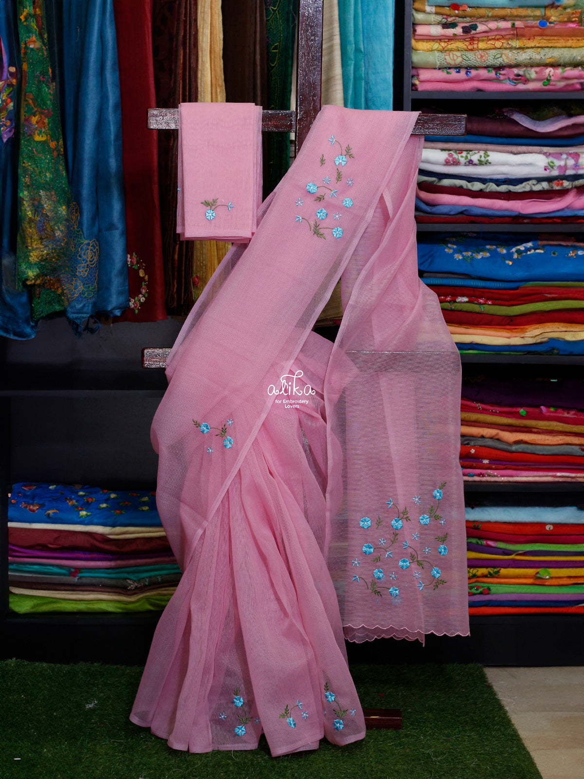 PINK  KOTA SAREE WITH FLORAL MACHINE EMBROIDERY