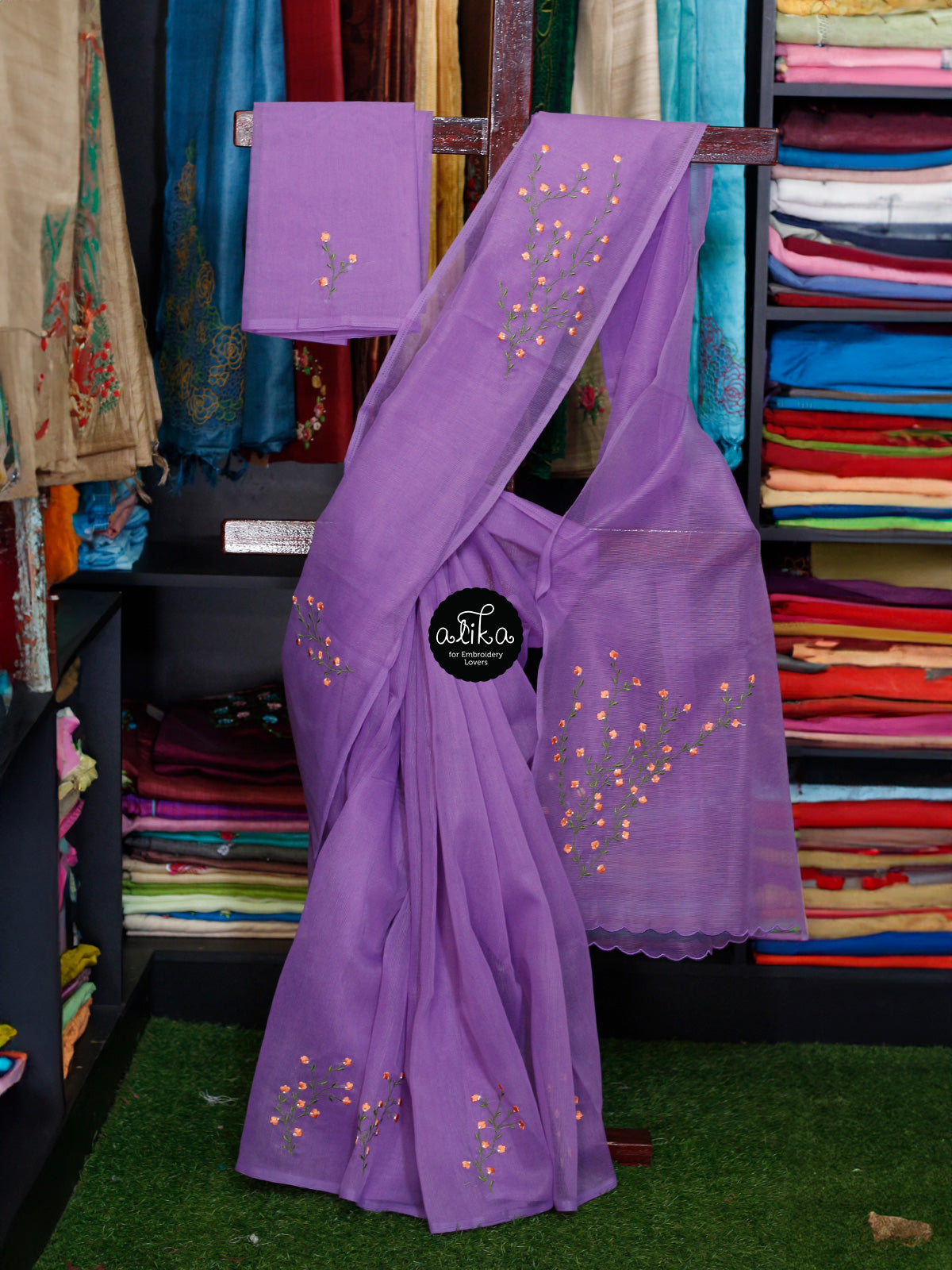 VIOLET KOTA SAREE WITH FLORAL MACHINE EMBROIDERY