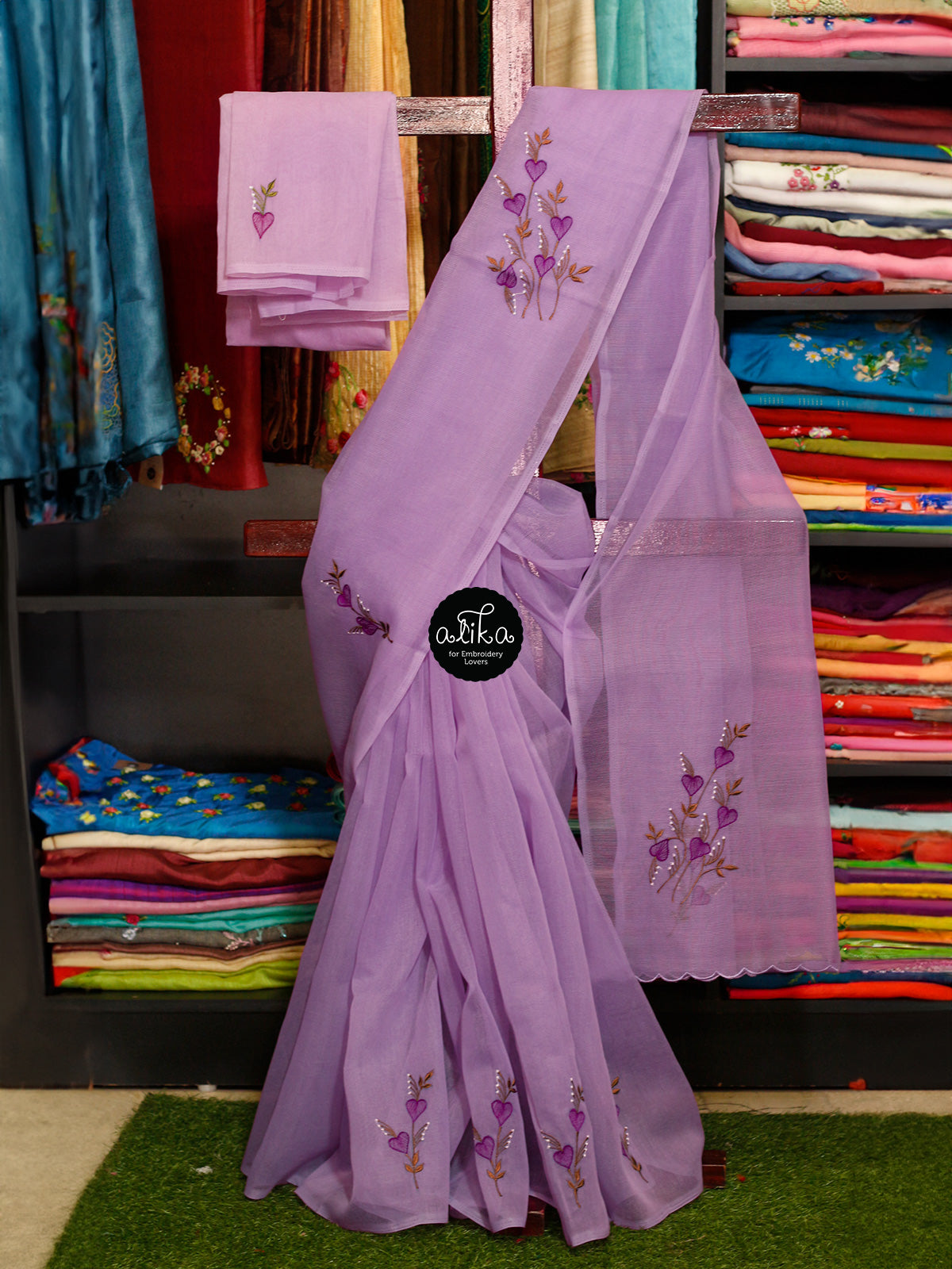LAVENDER KOTA SAREE WITH FLORAL MACHINE EMBROIDERY
