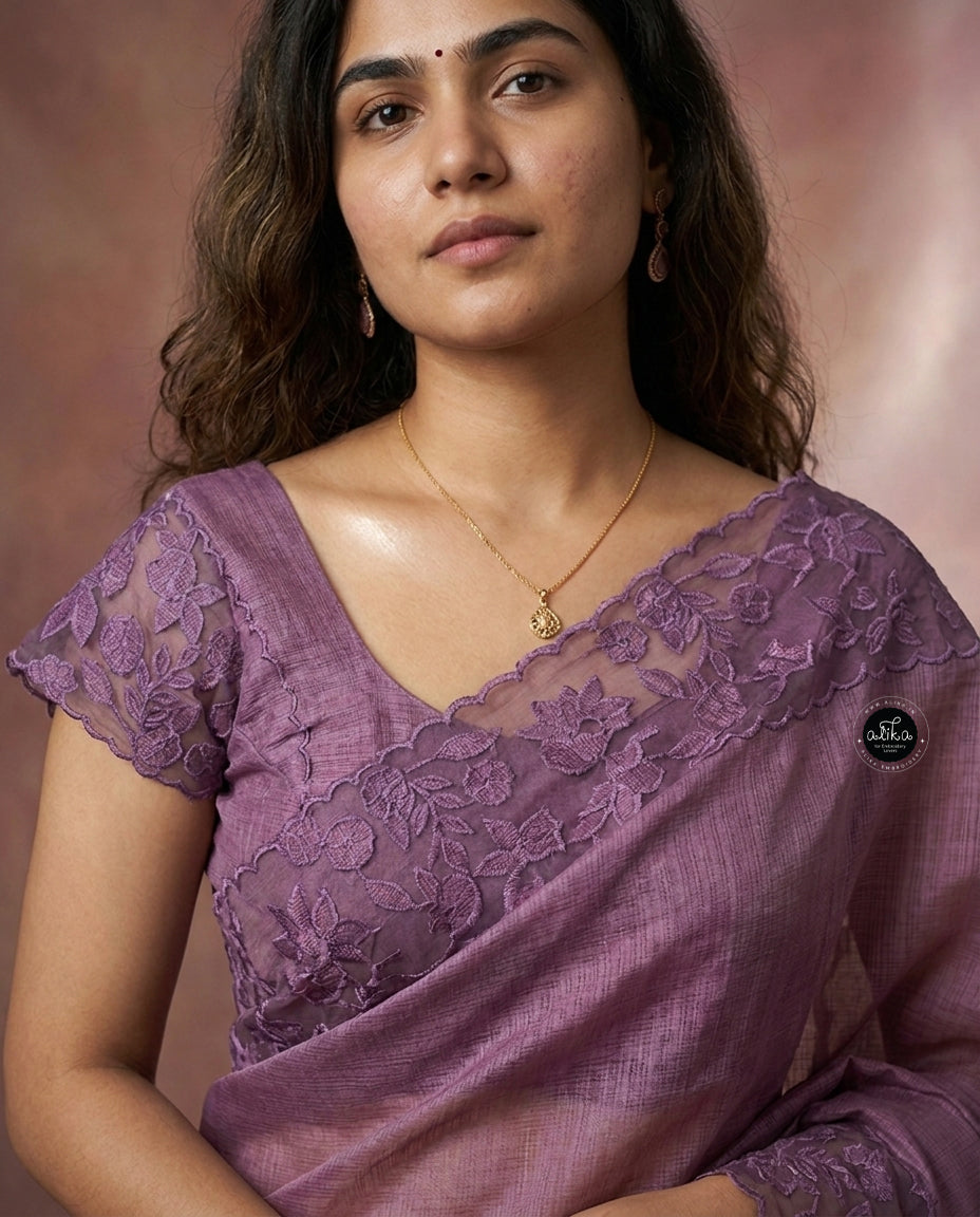 Lilac Silky Kota Saree with Floral Appliqué Border