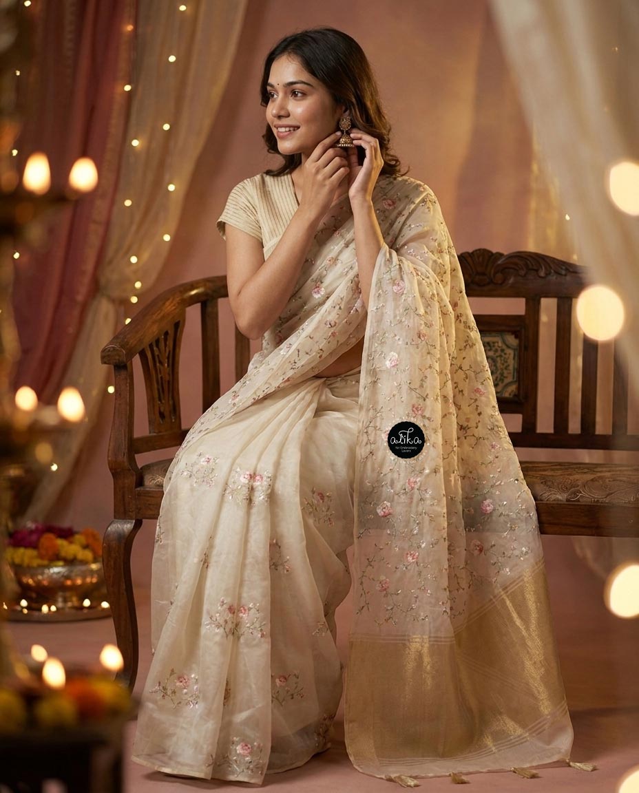 Ivory and Gold themed Organza Saree with Floral Embroidery
