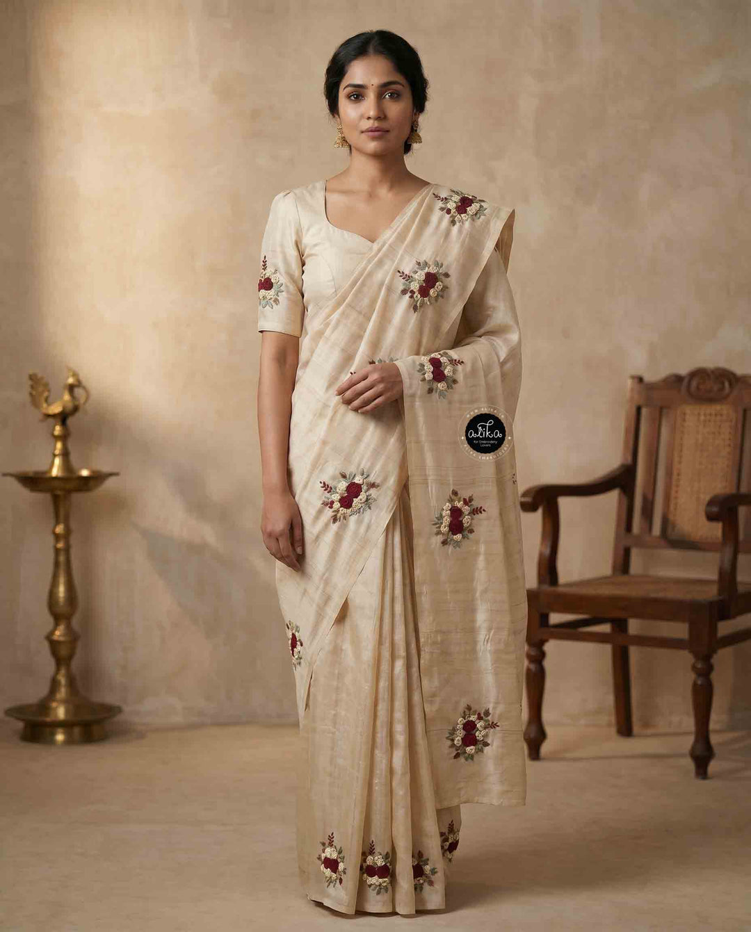 Beige Pure Tussar Silk Saree with Floral Hand Embroidery