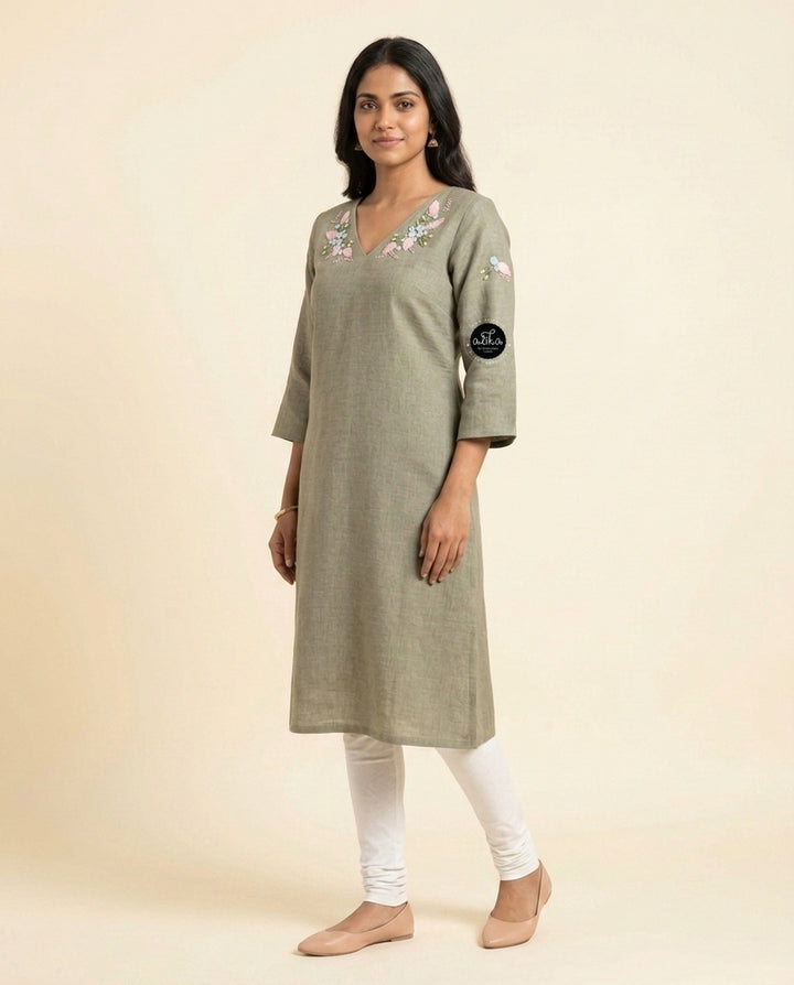 Light Olive Green Semi-Linen Stitched Kurti with Floral Hand Embroidery on Neckline &amp;amp; Sleeves