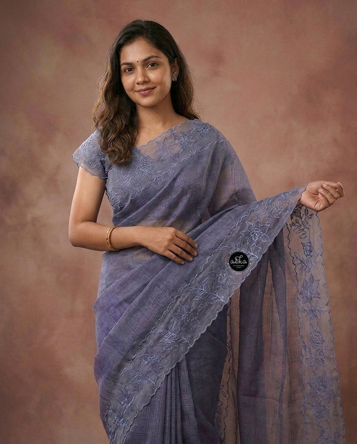 Gray Blue Silky Kota Saree with Floral Organza Applique Border