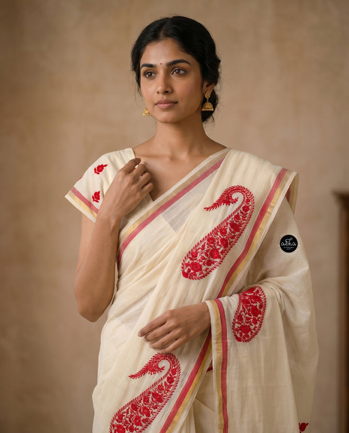 Cream Kerala Saree with Floral Machine Embroidery and Red &amp; Gold Border