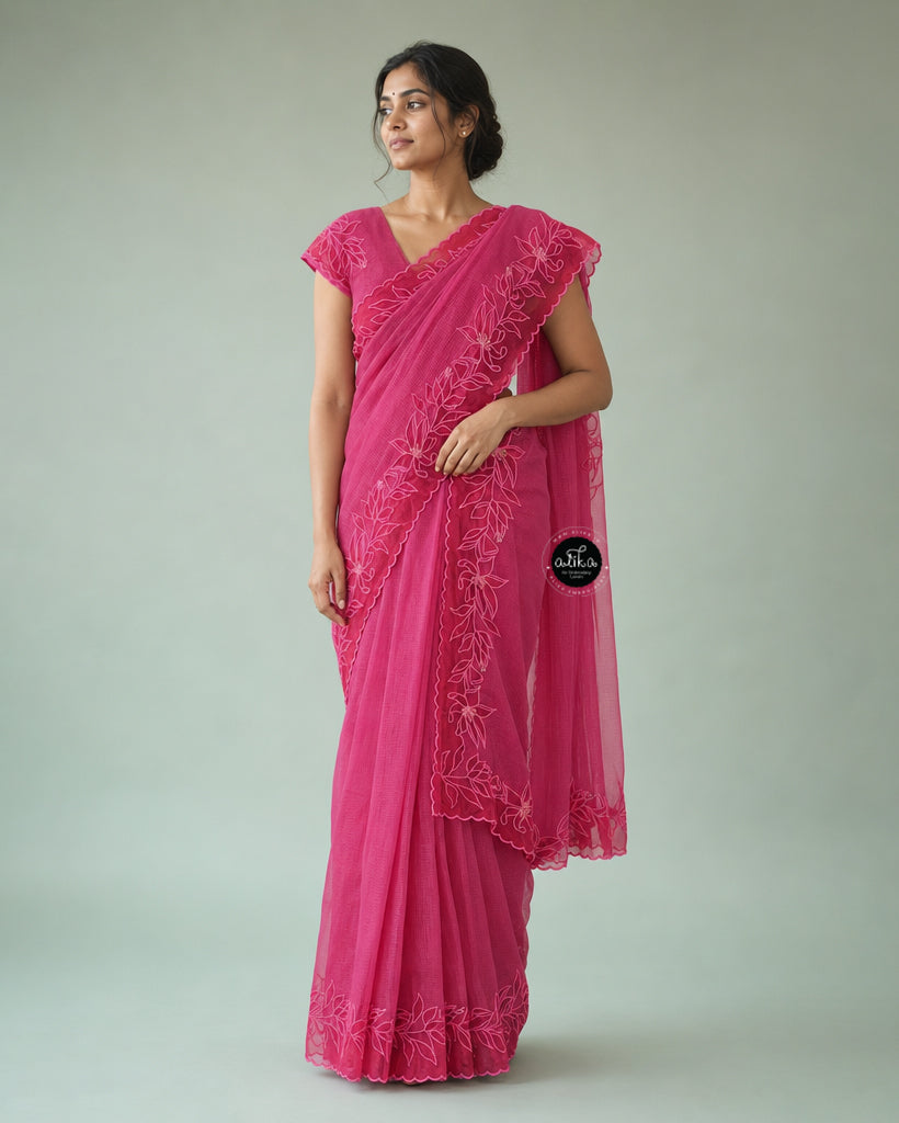 Rani Pink Pure Kota Doria Saree with Floral Appliqué Border