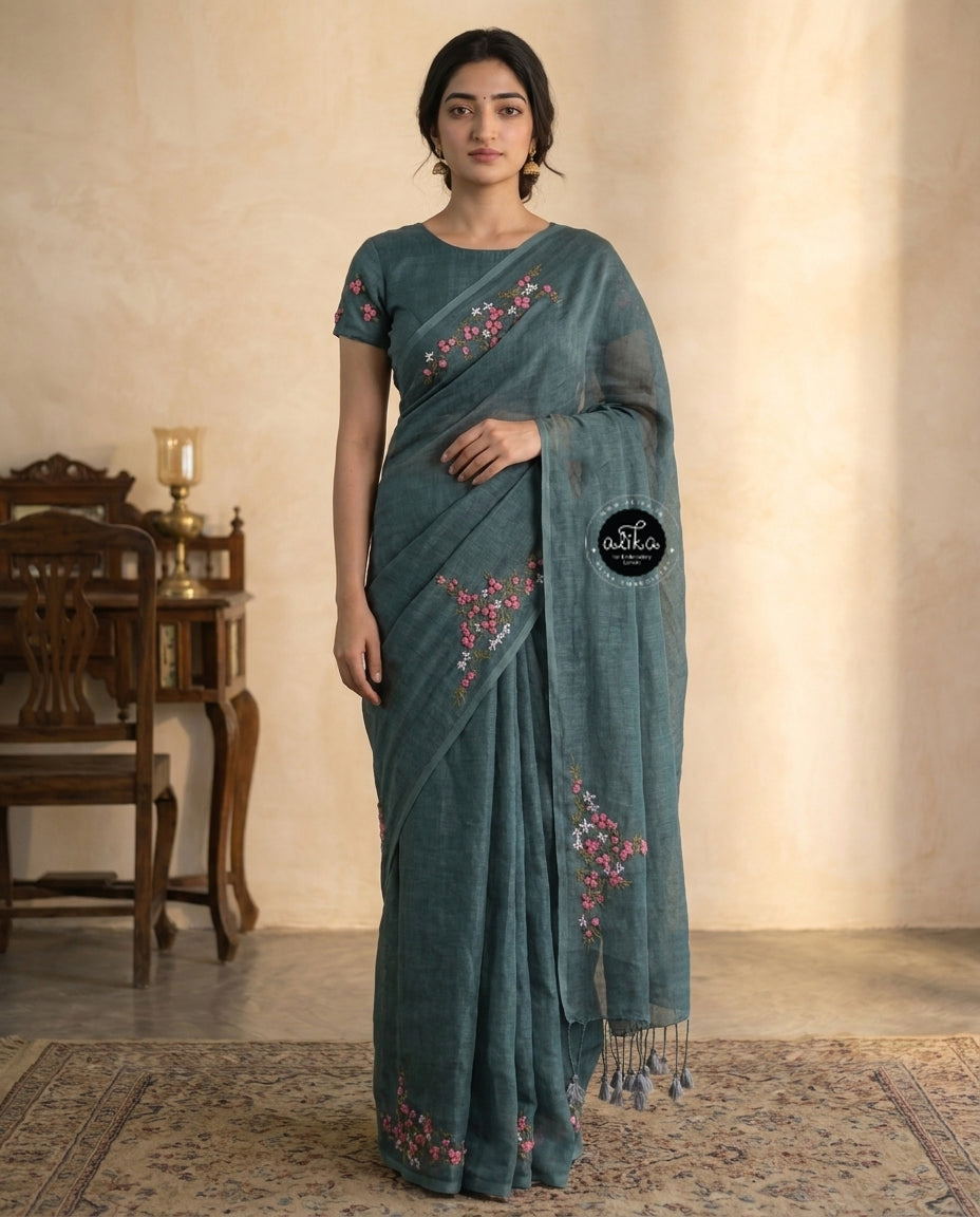 Bluish Gray Pure Linen Saree with Floral Hand Embroidery