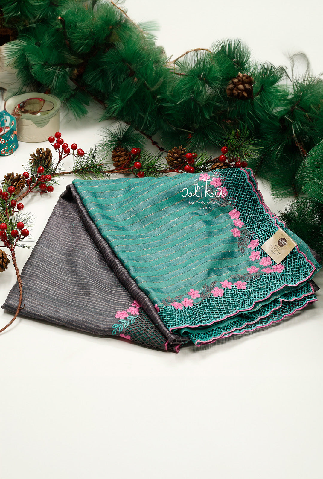 Vibrant Elegance: Green and Grey Multi-Colour Saree with Full Border Cutwork and Floral Machine Work