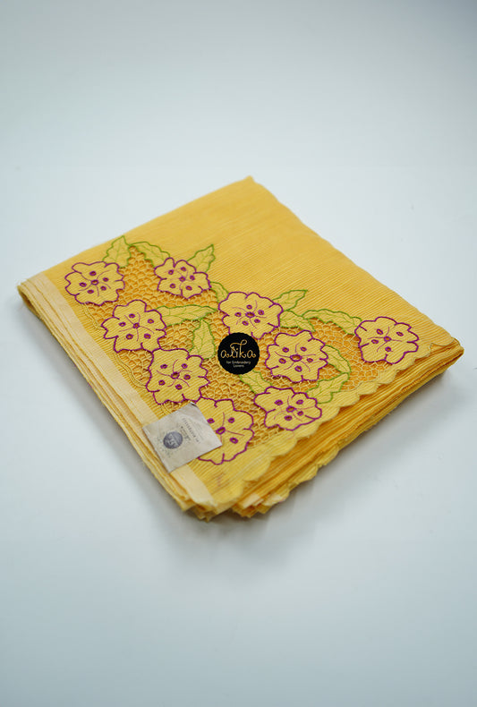 YELLOW STRIPED KOTA SAREE WITH TWINE CUTWORK AND FLORAL EMBROIDERY