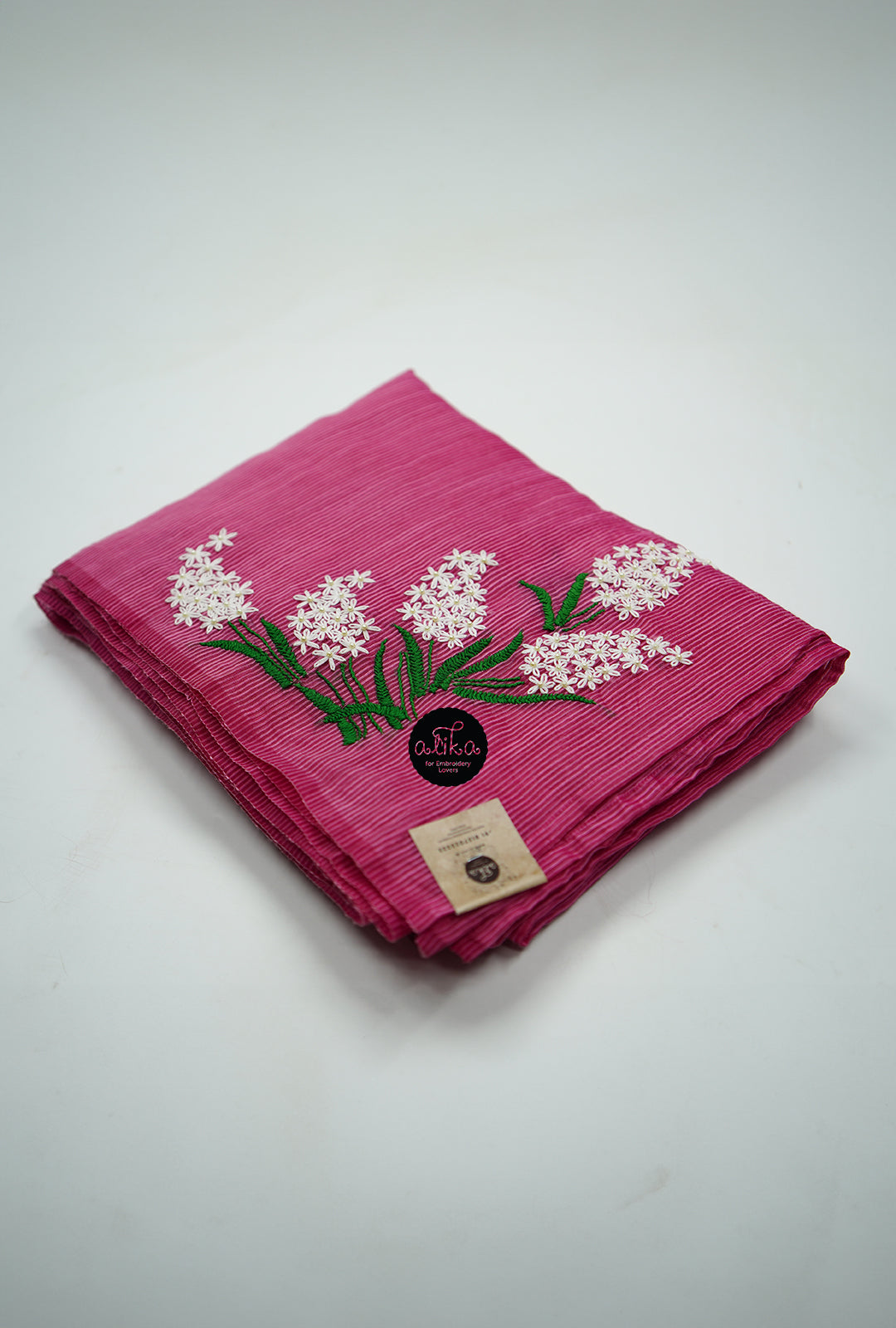 PINK  STRIPED KOTA SAREE  WITH WHITE LAZY DAISY FLORAL WORK